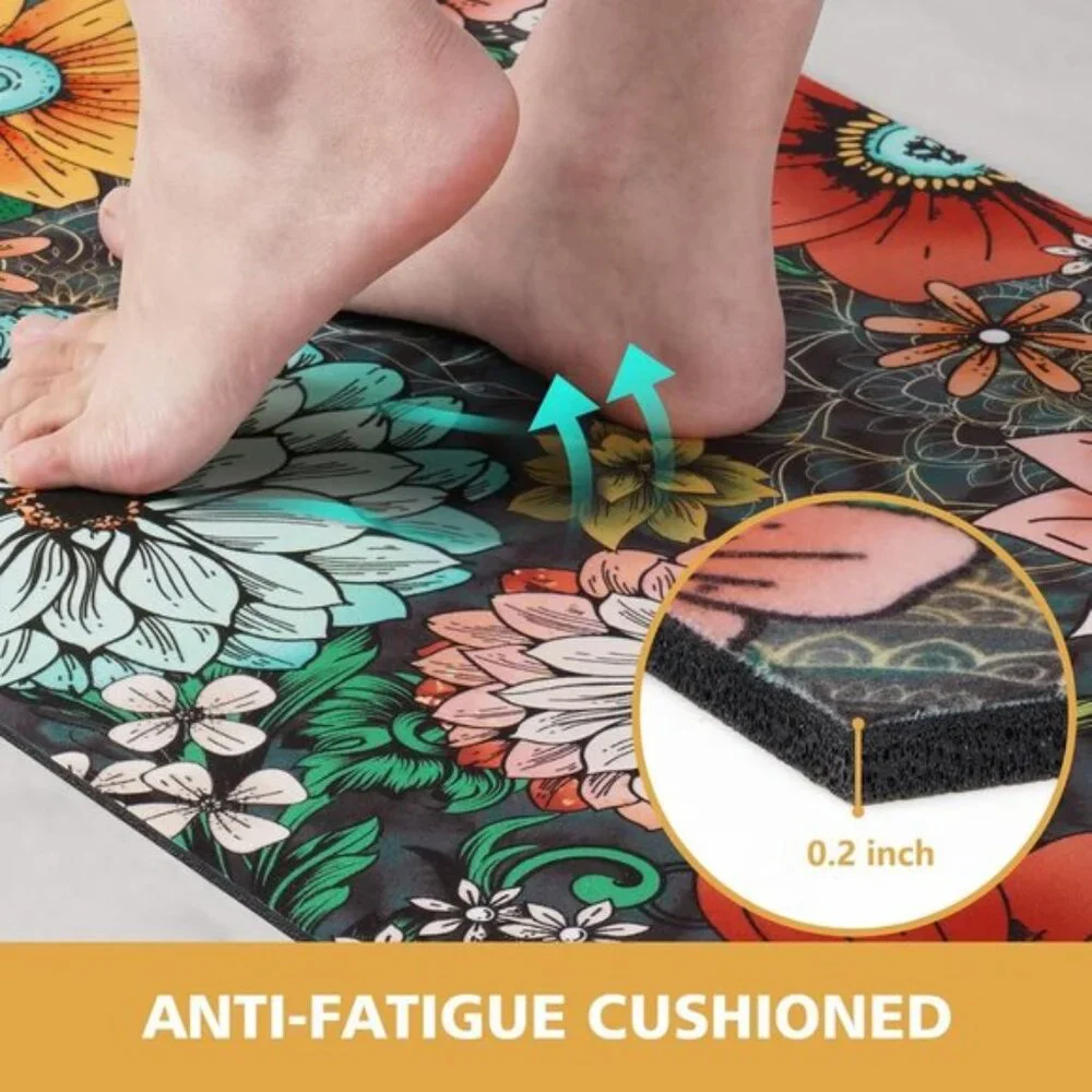 New Set of 2 Floral Kitchen Mat, Cushioned, Non-Slip, Washable, Multicolored